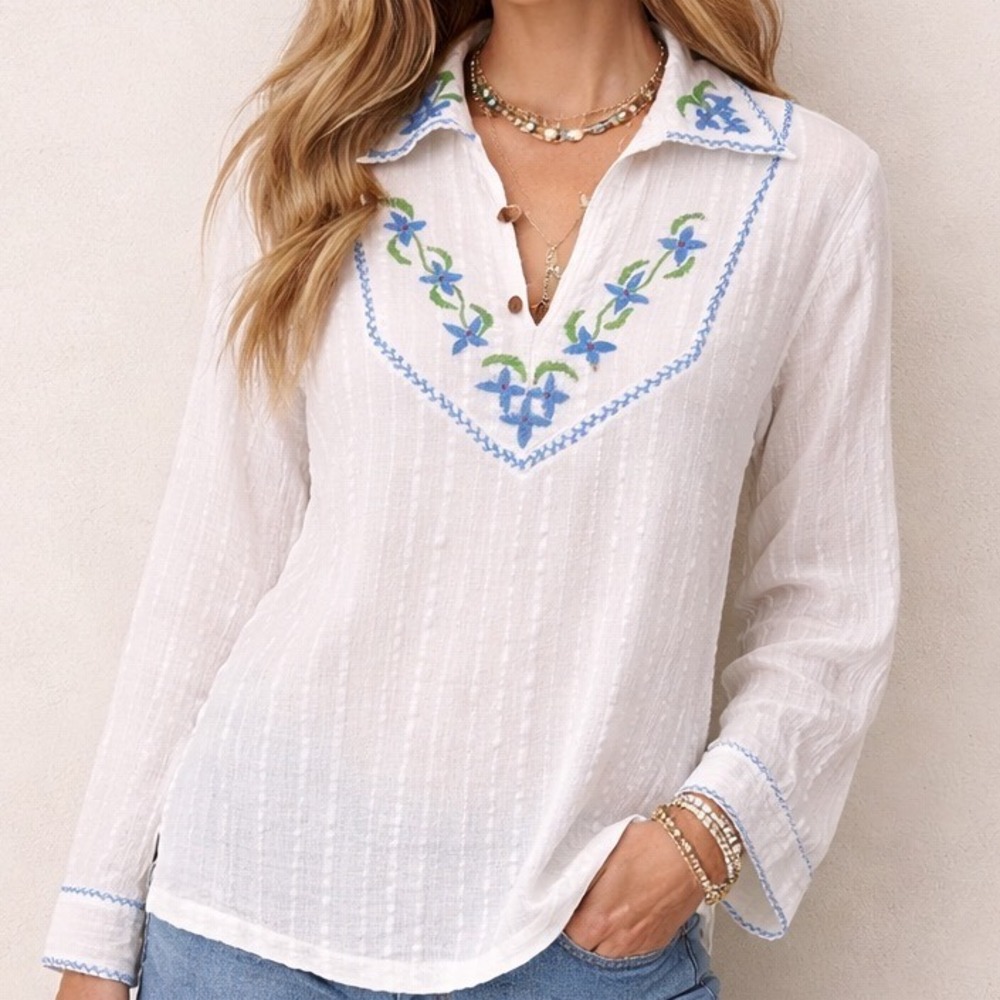 Star of India Vintage Floral Embroidered Boho Hippie Top‎ Size M Gauze Cotton